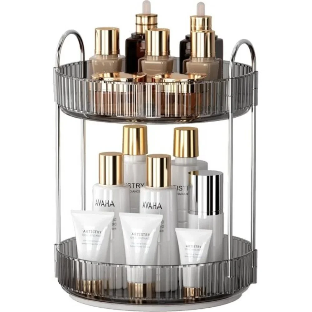 New 2-Tier 360° Rotating Smoky Gray Makeup Organizer for Vanity & Room Storage